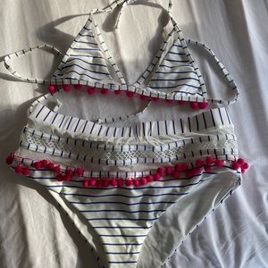 Tularosa white pink and blue pom pom swimsuit